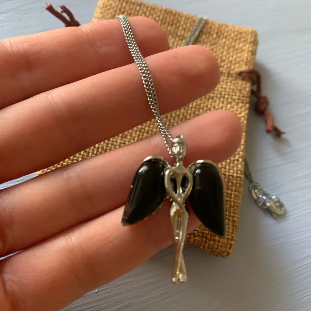 🖤Black Obsidian Angel Necklace Black Obsidian Pendant Genuine Obsidian Necklace